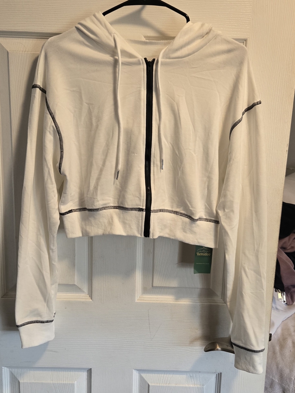 Remidoo Brand White Cropped Zip Hoodie with Black Trim